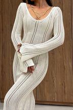 Elegant U Neck Knit Flare Sleeve Sheer Cutout Bodycon Maxi Dress image 3