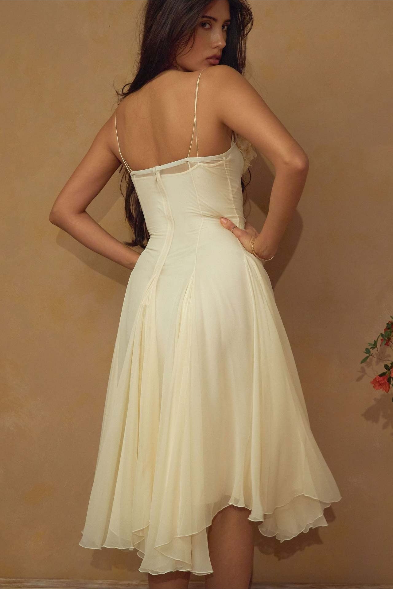 3D Flower Deep V Patchwork Spaghetti Strap Romantic Midi Dress image 6