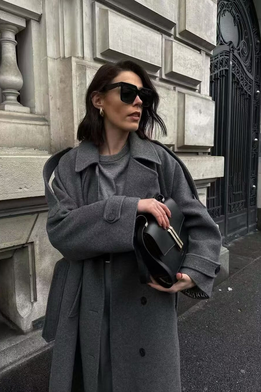 Double-Breasted Belted Slim-Fit Woolen Long Overcoat image 1