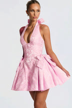 Jacquard Halter V Neck Bow Mini Dress image 6