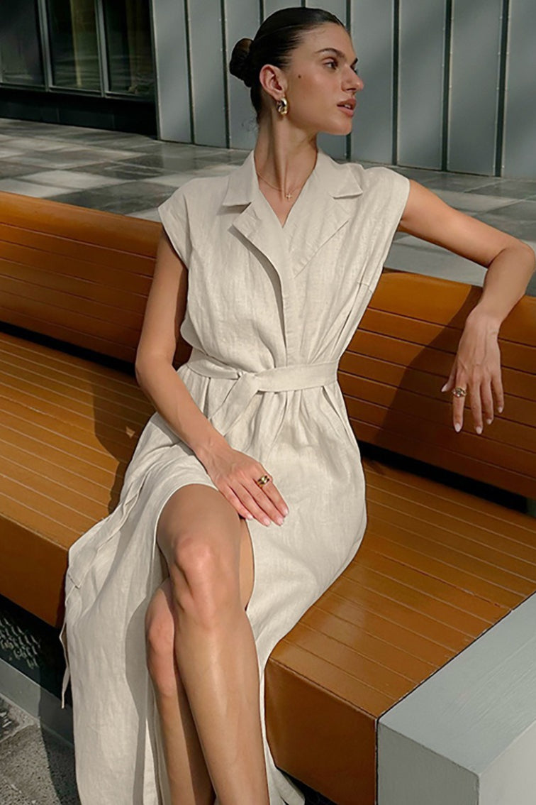 Linen Cotton High Waist Slit Tie Maxi Dress image 5