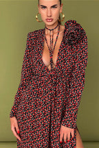 Lace Up Waist Deep V Neck Side Slit Floral Dress image 4