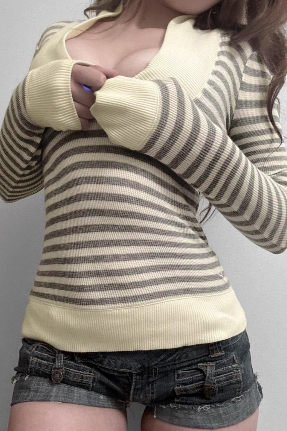 Waffle Striped Patchwork Color Block Long Sleeve Tee image 2