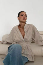 Striped V Neck Irregular Tie Waist Long Sleeve Blouse image 4