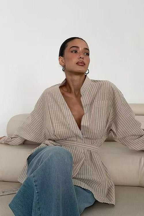 Striped V Neck Irregular Tie Waist Long Sleeve Blouse image 4