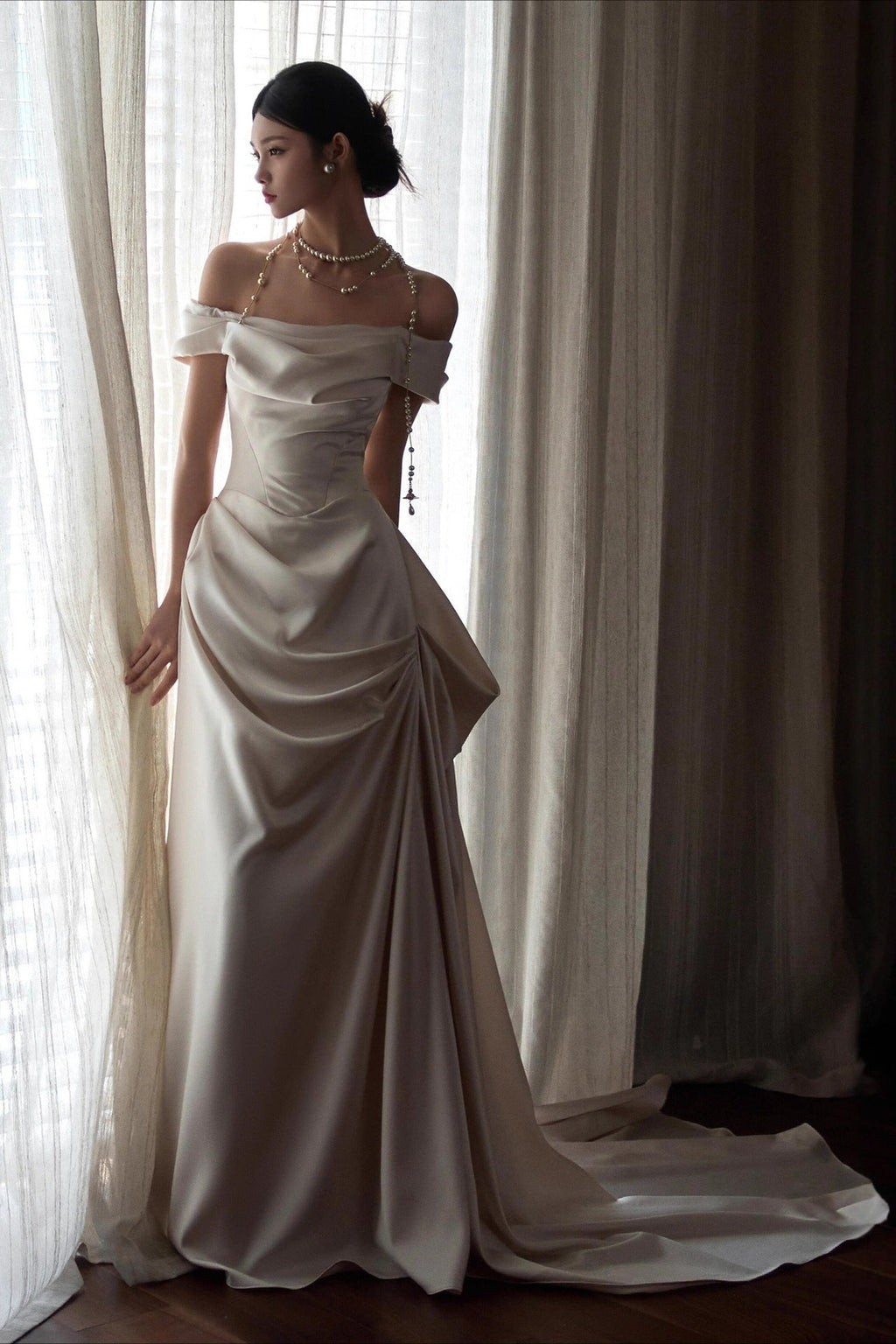 Off Shoulder Satin Train Reception Dress image 3