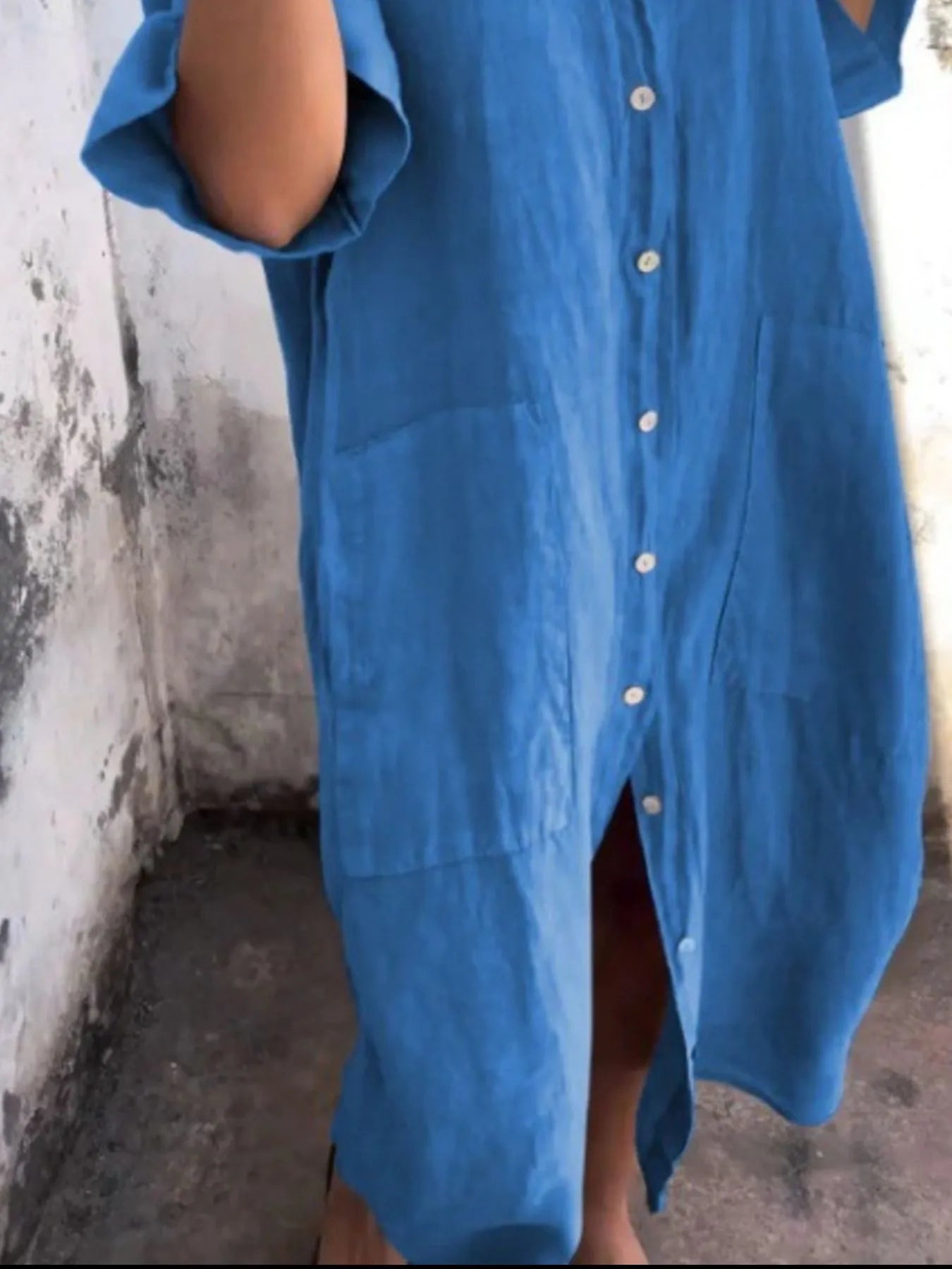 Marseille Linen Shirt Dress detail view styled for Avrienne