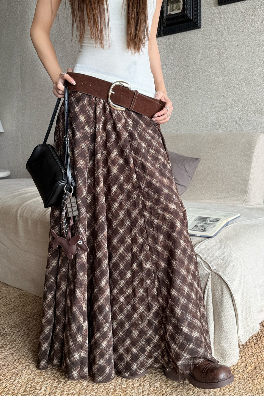 Plaid Vintage Earthy Tones High Waist Flowy Midi Skirt image 2