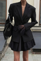 Black Lace Paneled Long Sleeve Waist-Cinched Soft Blazer image 5