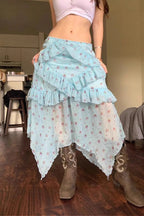 Sheer Floral Low Waist Asymmetrical Ruffle A Line Skirt image 1