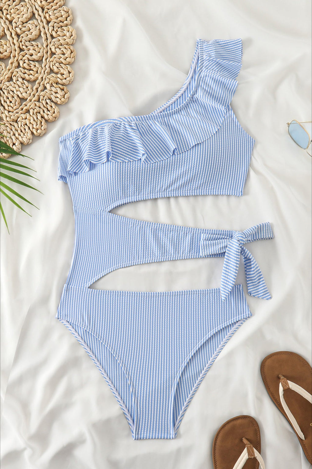 Elegant Ruffle Striped Cutout One Piece Swimwear image 4
