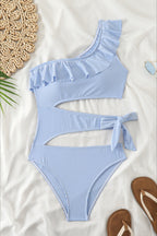Elegant Ruffle Striped Cutout One Piece Swimwear image 4