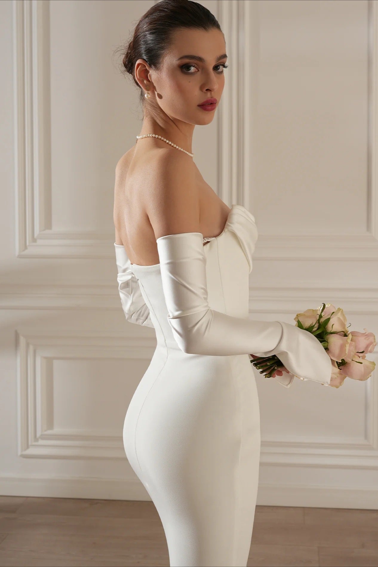 Minimalist Elegant Ruched Satin Mermaid Reception Dress image 5