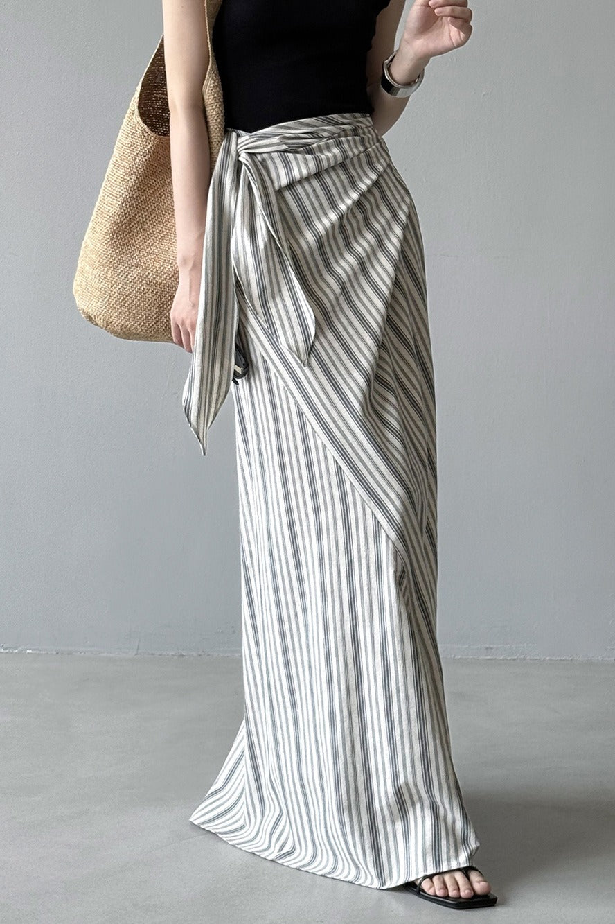 High Waist Striped Tie Waist A Line Maxi Skirt image 2