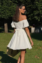 Off Shoulder Puff Sleeve Tie Mini Dress image 1