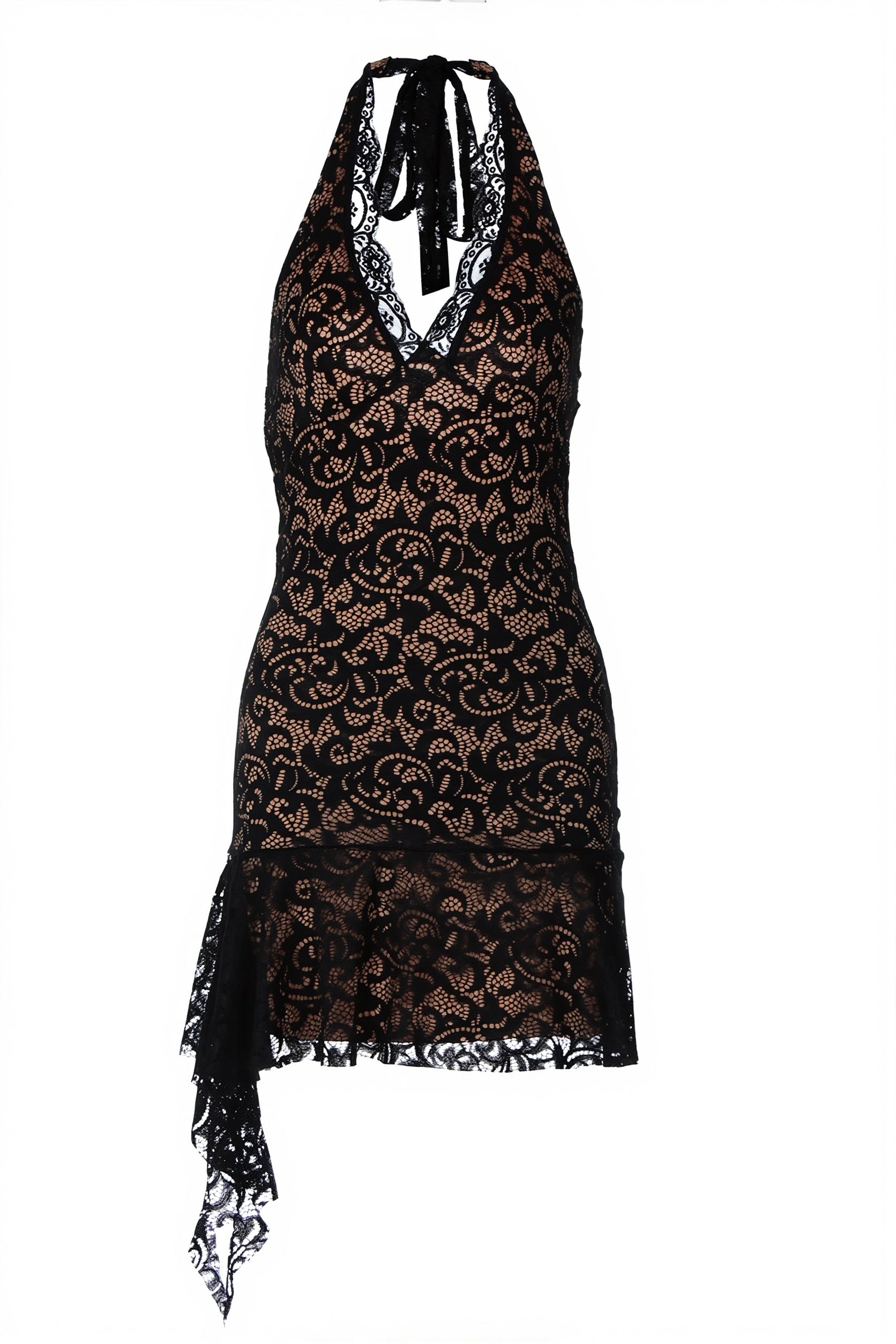 Sexy Lace Deep V Halter Open Back Ribbon Tie Mini Dress image 8