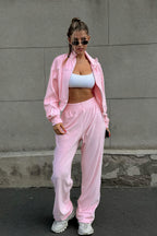 Athletic Velvet Collar Zipper Long Sleeve Two Piece Set image 3