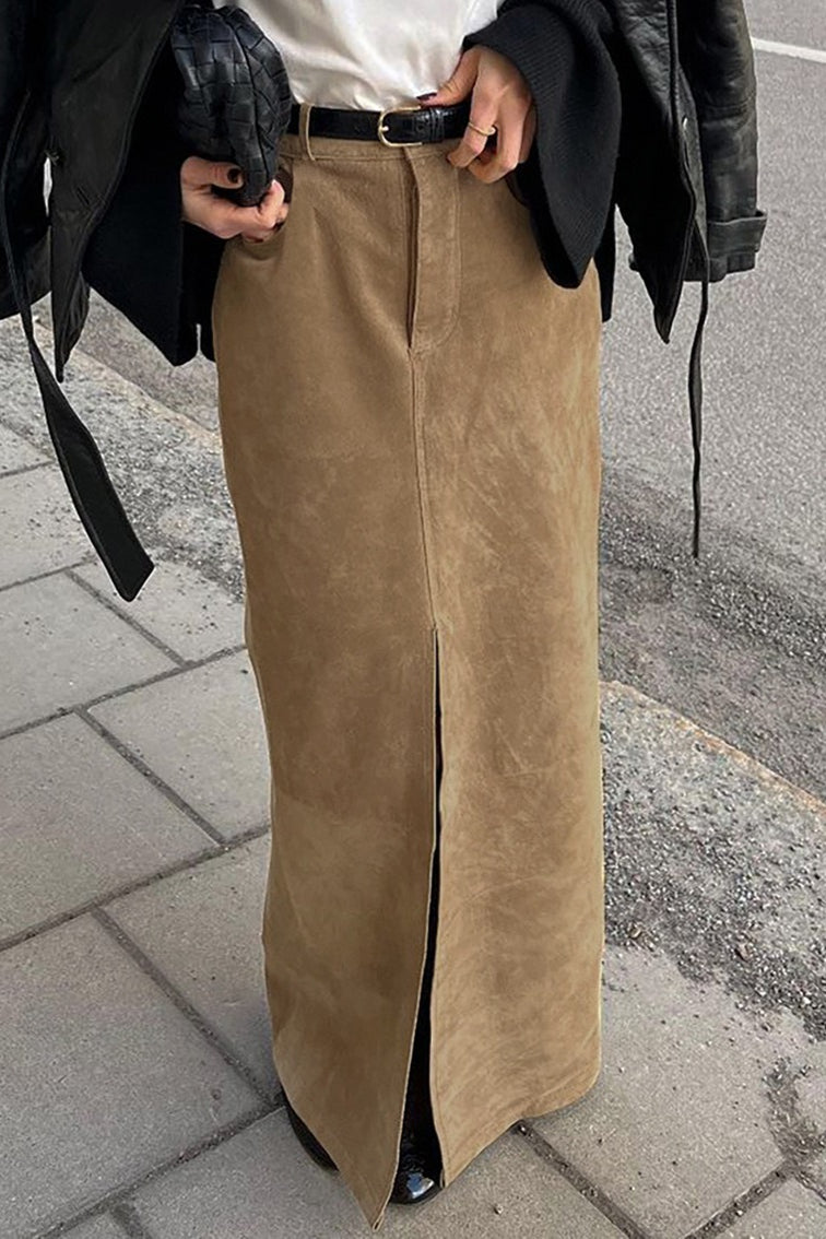 Vintage High-Waist Suede Maxi Skirt image 2
