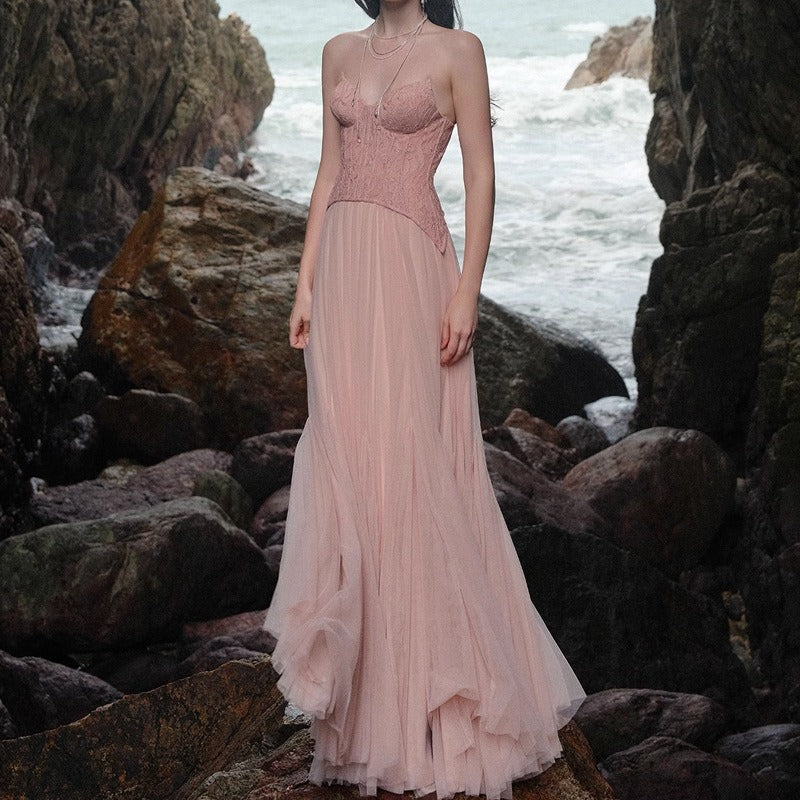 Lace Bone Tube Mesh Flared Prom Dress image 2