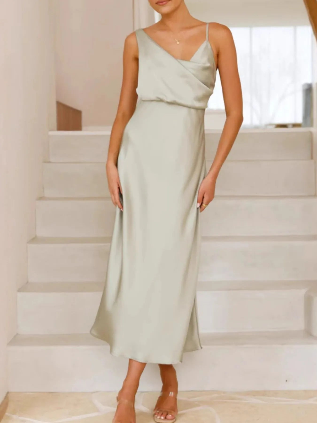 Willa Satin Dress detail view styled for Avrienne
