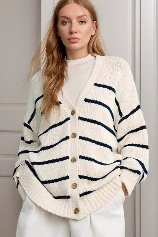 Striped Cotton V Neck Knit Cardigan image 1