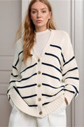 Striped Cotton V Neck Knit Cardigan image 1