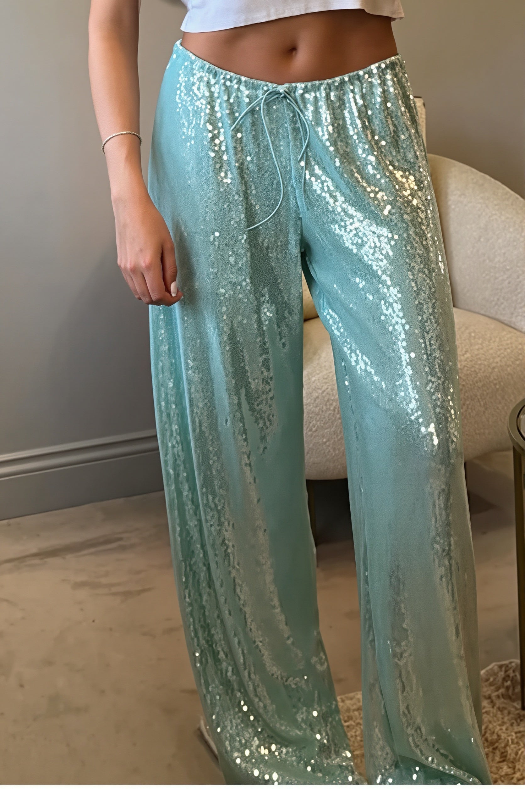 Sequined Wide Leg Casual Pants image 3