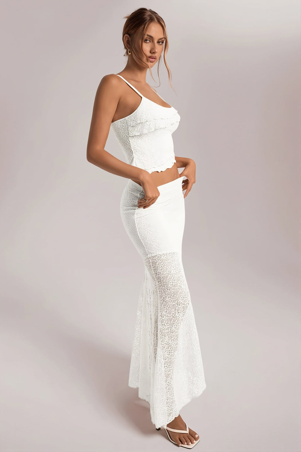 Light Yellow Lace Cami Ruffle Crop Top High Waist Skirt Sets image 3