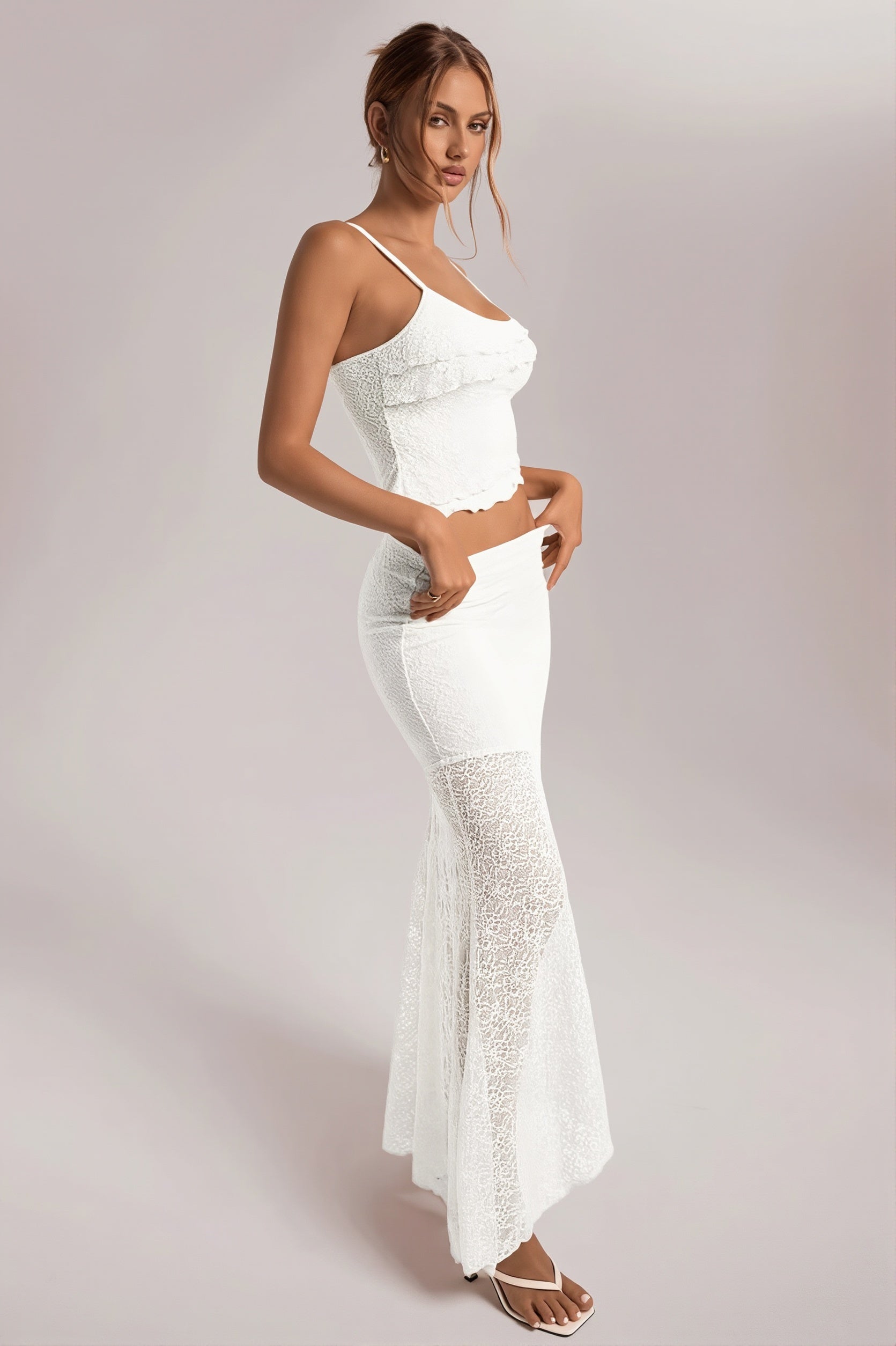 Light Yellow Lace Cami Ruffle Crop Top High Waist Skirt Sets image 3