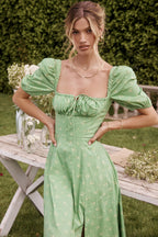 Tie Side Puff Sleeve Slit Floral Dress image 2