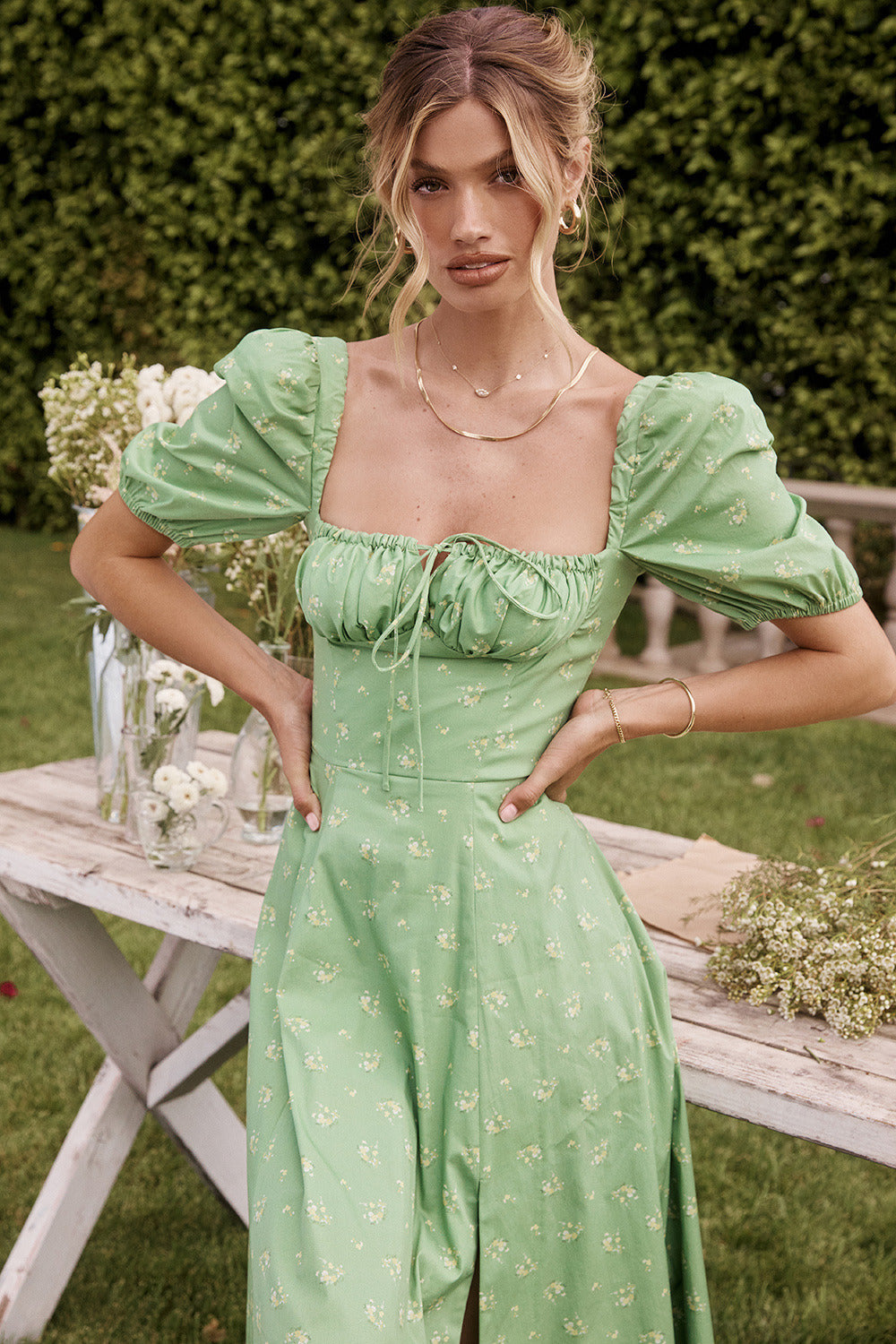 Tie Side Puff Sleeve Slit Floral Dress image 2