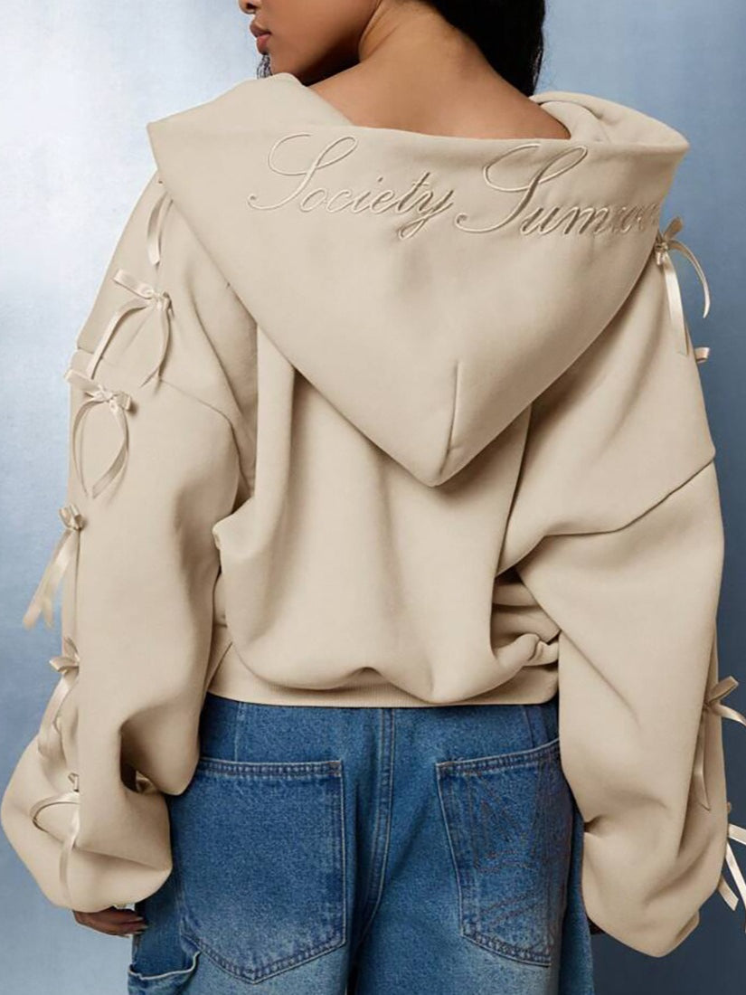 Embroidered Side Bow Zip Up Hoodie image 3