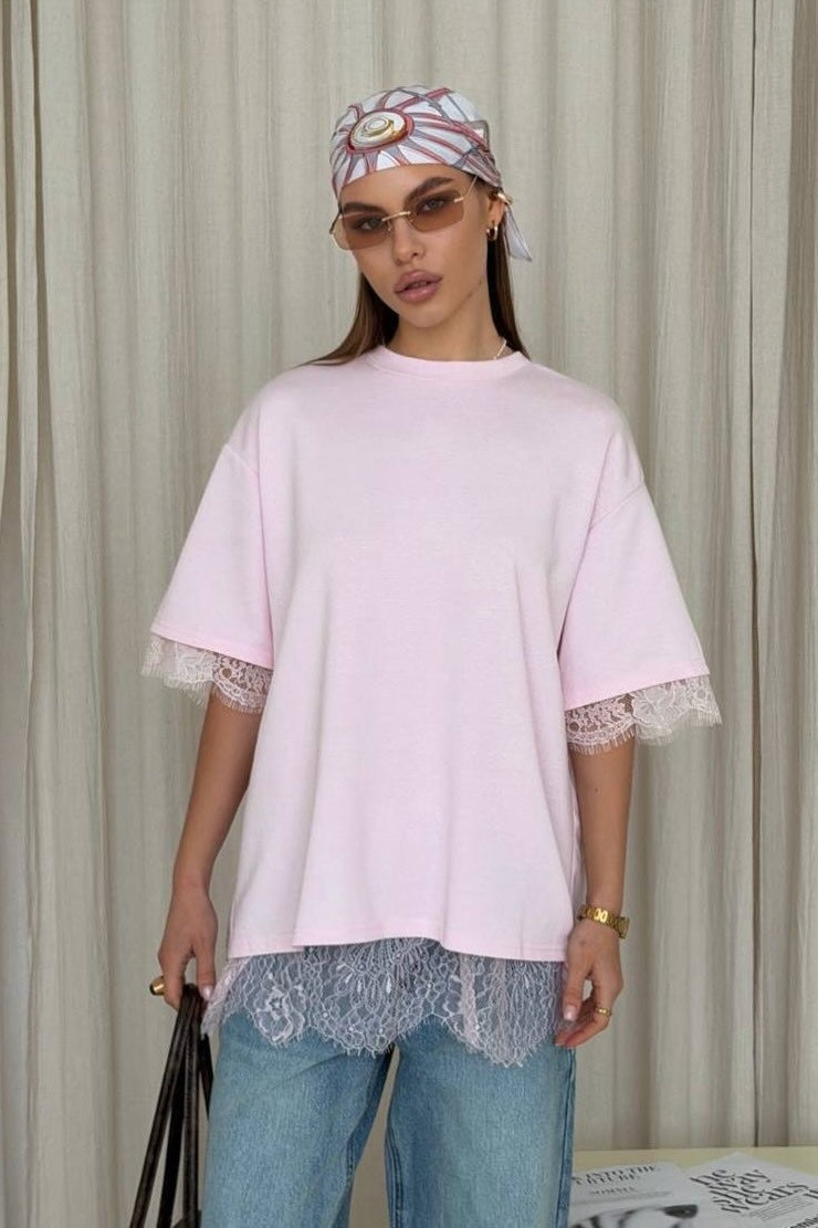 Minimalist Sweet Lace Splice Short Sleeve T-shirt image 1