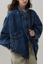 Stand Collar Washed Denim Utility Jacket image 5