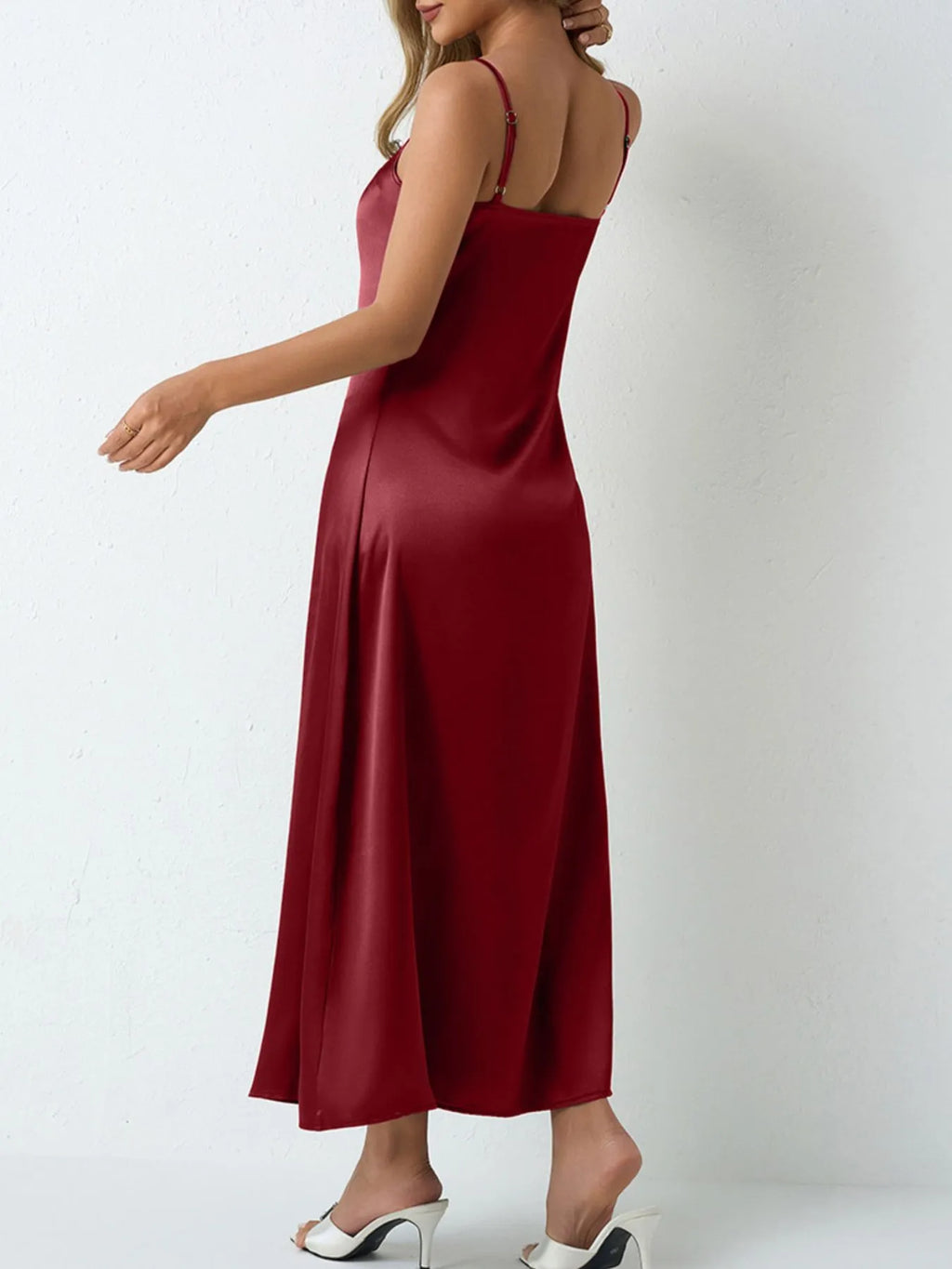Paloma Satin Dress detail view styled for Avrienne