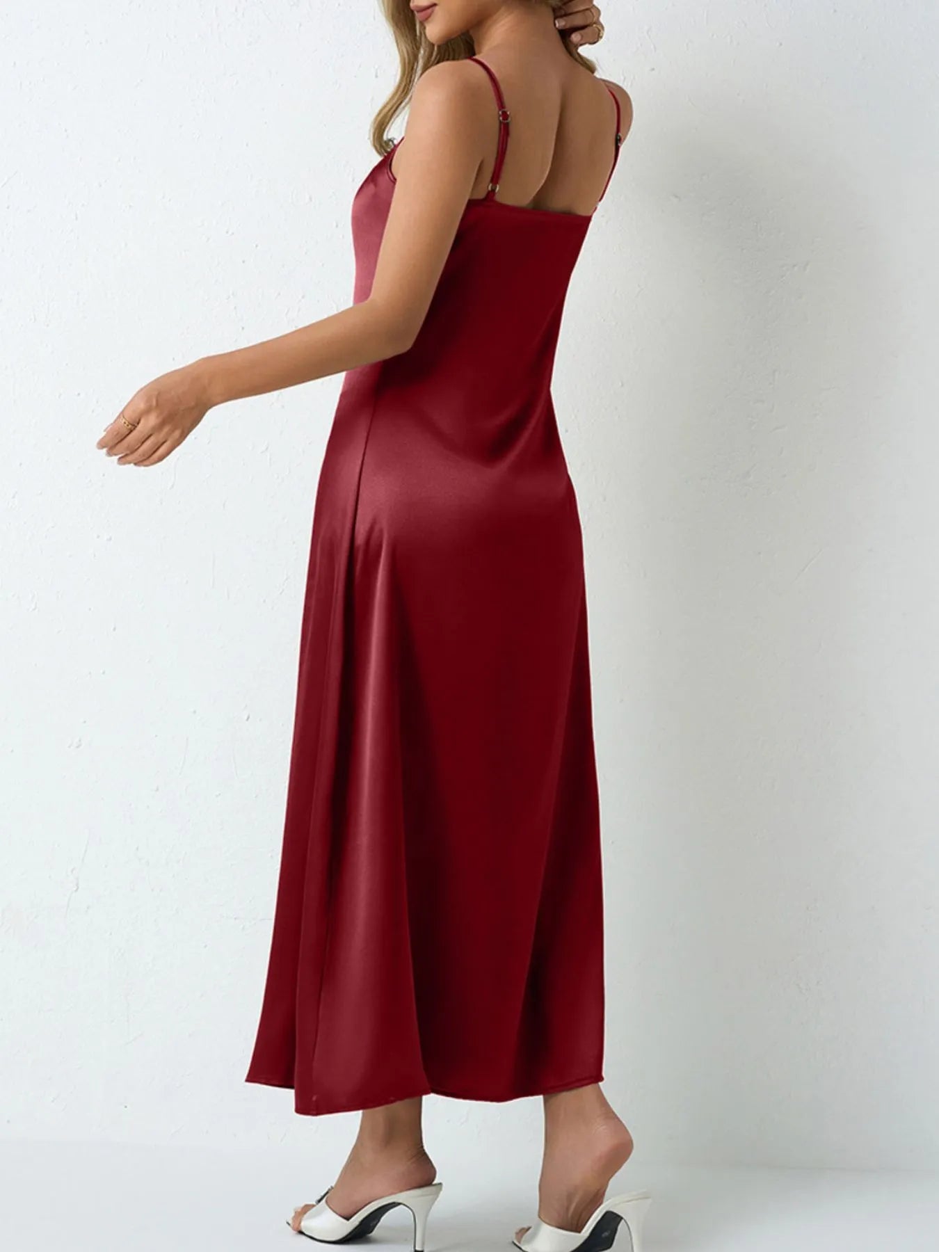 Paloma Satin Dress detail view styled for Avrienne