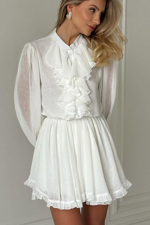 Elegant Ruffled Stand Collar Long Sleeve Mini Dress image 3