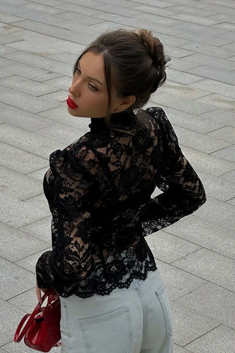 Lace Puff Sleeve Stand Collar Elegant Blouse image 4