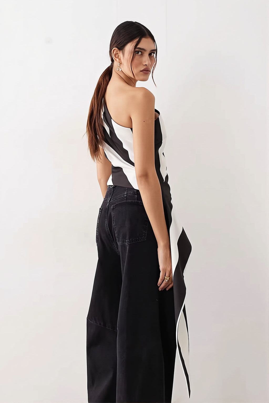 Striped Chiffon One Shoulder Tie Blouse image 3