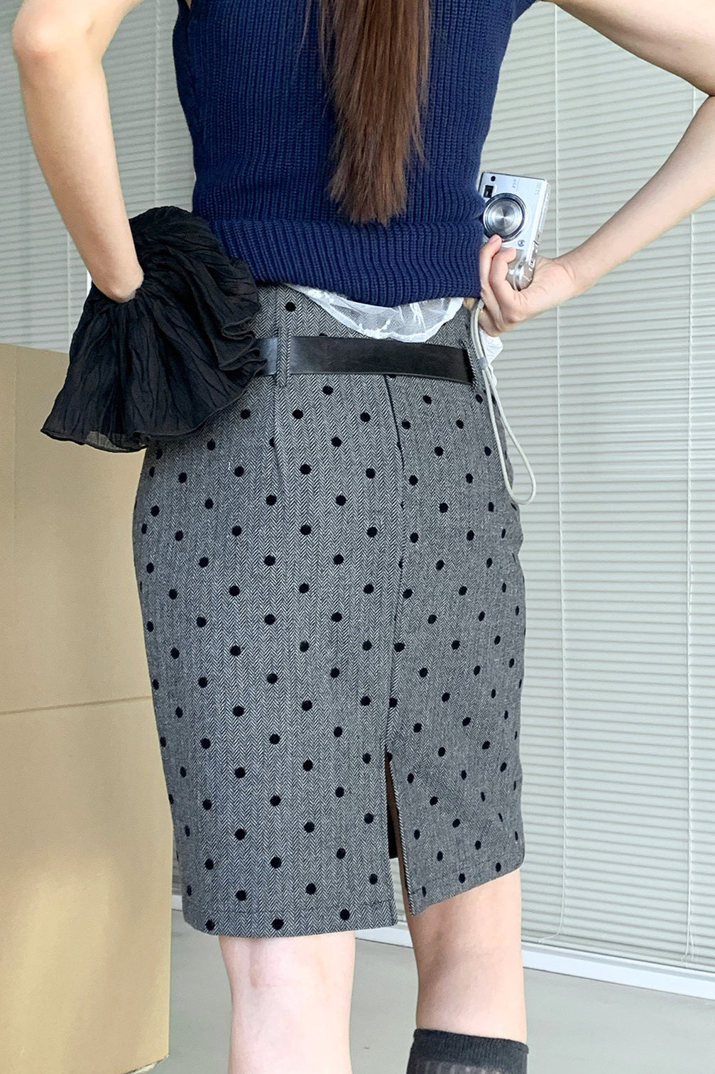 High Waist Flocked Polka Dot Bodycon Midi Skirt image 4