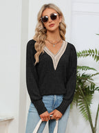 Rosalie Lace Ribbed Blouse detail view styled for Avrienne