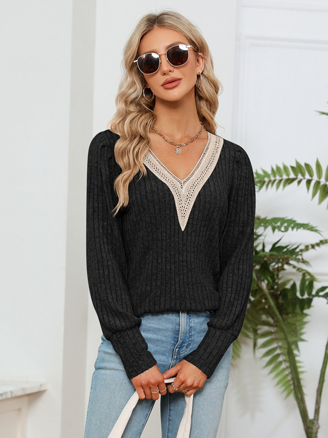 Rosalie Lace Ribbed Blouse detail view styled for Avrienne
