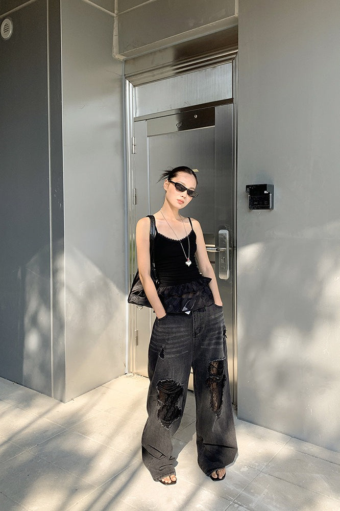 Lace Panel Ripped Wide Leg Jeans image 2