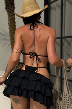 Solid Backless Ruffle Skirt Three Piece Swim Set image 3
