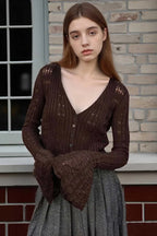 Hollow Out Knit V Neck Long Sleeve Cardigan image 24
