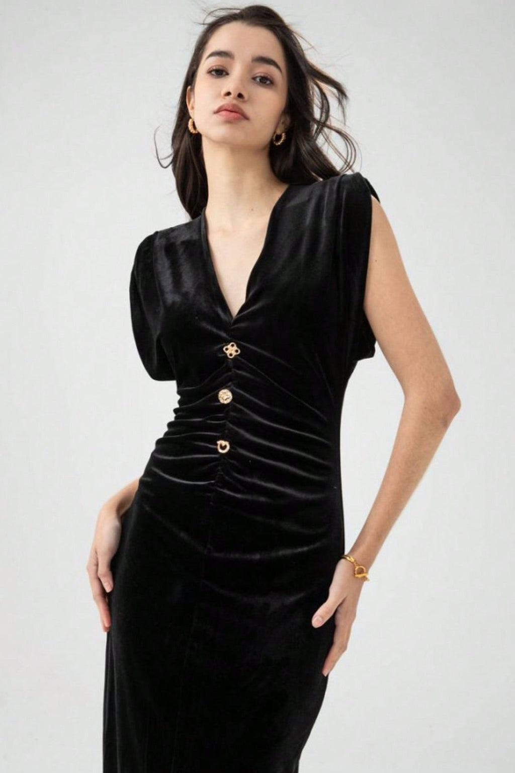 Velvet Ruched V-Neck Bodycon Midi Dress image 1