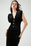 Velvet Ruched V-Neck Bodycon Midi Dress image 1