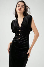 Velvet Ruched V-Neck Bodycon Midi Dress image 1