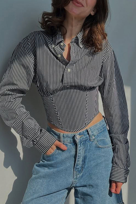 Striped Waist Cinched Collared Short Blouse image 4