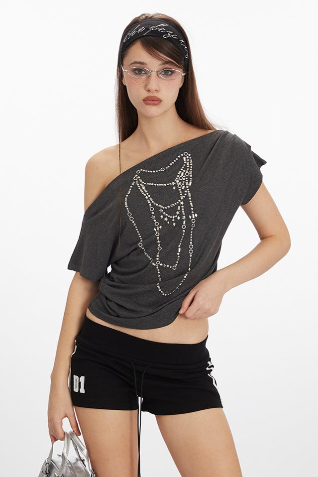Asym Neck Beaded Cropped T‑shirt image 2
